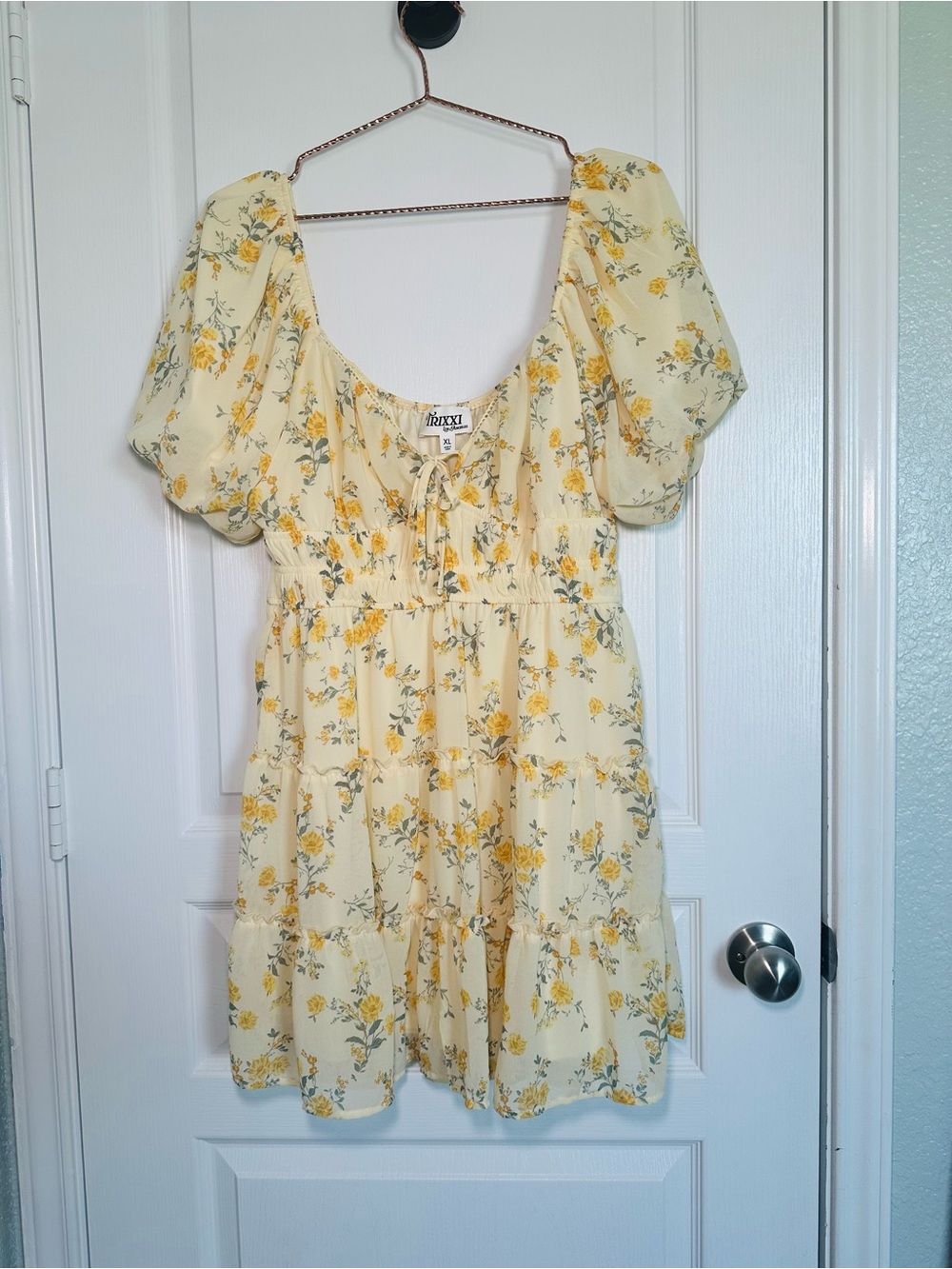 Trixxi Yellow Floral Puff-Sleeve Tiered Tunic